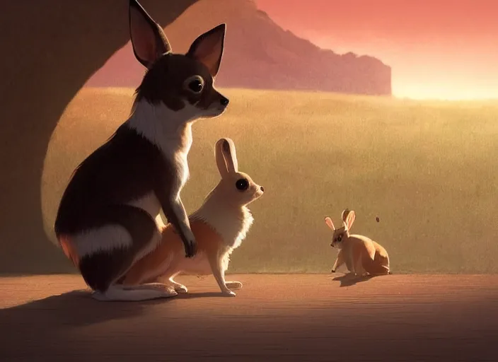 Image similar to a key shot of chihuahua looking at bunny animation at mid-day, medium shot, waist up, studio Ghibli, Pixar and Disney animation, sharp, key art by Greg Rutkowski, dramatic lighting, flat texture