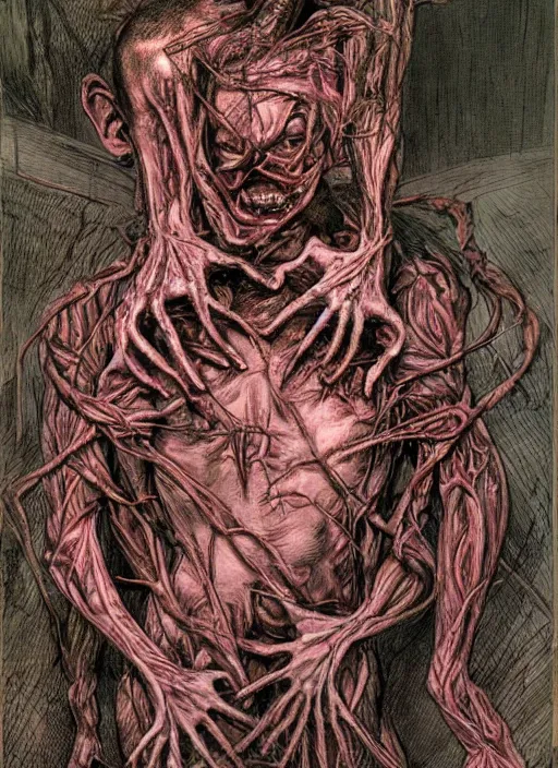 Prompt: stunning bernie wrightson photograph of experimental surgery of a man sewn together to another man with multiple heads multiple arms grotesque twisted vein covered splotchy skin of despair, painful merging of bodies disgusted siamese horror conjoined psychotic painful people award winning style photography