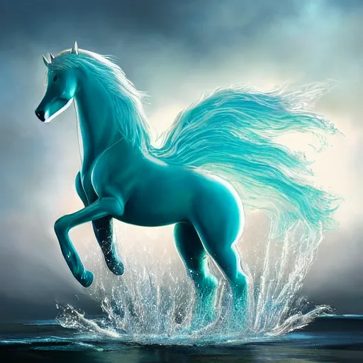 Prompt: a fantastical transparent small turquoise spirit horse made of water and foam, splashing water, translucent, ethereal, noble, radiant, hyperalism, scottish folklore, digital painting, artstation, concept art, smooth, 8 k frostbite 3 engine, ultra detailed, art by artgerm and greg rutkowski and magali villeneuve