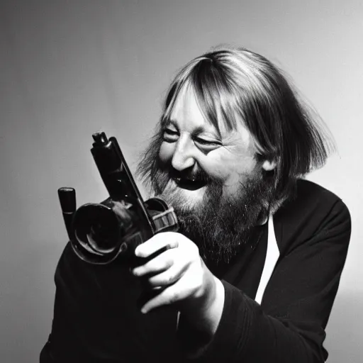 Prompt: robert wyatt laughing maniacally and pointing a gun directly at the camera