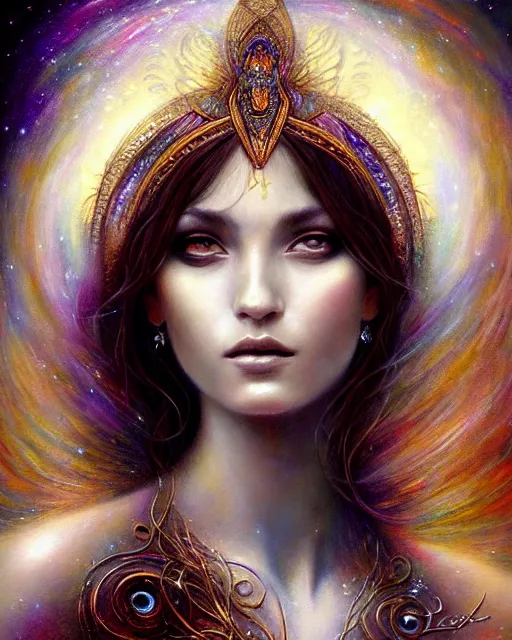 Image similar to portrait of a beautiful celestial goddess, unusual beauty, esoteric, muted colors, head in focus, fantasy art, ornamental aesthetics intricate, elegant, highly detailed, hyperrealistic painting, artstation, concept art, painterly, sharp focus, illustration, art by lois royo