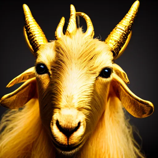 Image similar to portrait of a golden goat, beautiful portrait, studio lighting, 4 k, masterpiece cannon, boka