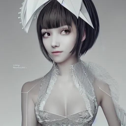 Prompt: the portrait of an absurdly beautiful, elegant, fashionable gravure idol made of white paper origami cranes, hyperrealistic illustration by iralki nadar, extremely detailed intricate linework, reflective eyes, smooth, super sharp focus, bright colors, high contrast, matte, octopath traveler, octane render, global illumination, radiant light