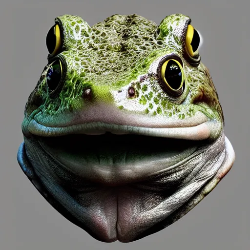 Image similar to hyperrealistic mixed media image of a ( ( frog ) ) whose head resembles alex jones, stunning 3 d render inspired art by greg rutkowski and xiang duan and thomas eakes, perfect symmetry, flesh texture, realistic, highly detailed attributes and atmosphere, dim volumetric cinematic lighting, 8 k octane detailed render, post - processing, masterpiece,