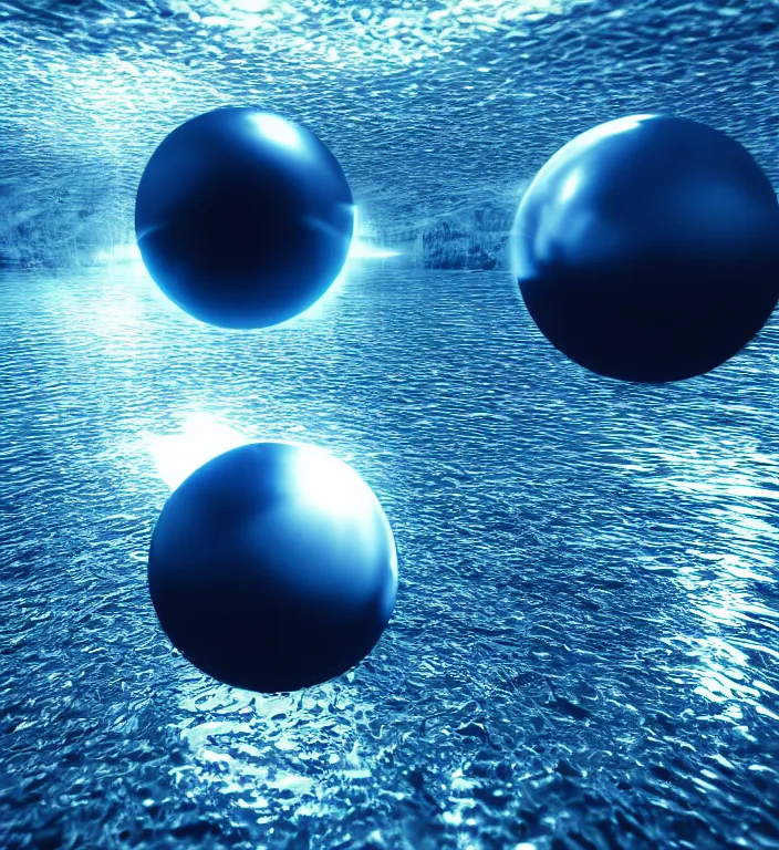 Image similar to a blue ball in water + god rays + dramatic lightning + backlit + specular highlights + ambient occlusion + global illumination + bump map + reflective + caustics + refractive + unreal engine 5 + DOF + sharp focus