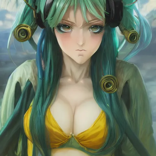 Image similar to A Beautiful Anime girl with Green hair and Yellow eyes, detailed, looking at the camera annoyed, centered, digital painting, artstation, concept art, donato giancola, Joseph Christian Leyendecker, WLOP, Boris Vallejo, Breathtaking, 8k resolution, extremely detailed, beautiful, establishing shot, artistic, hyperrealistic, beautiful face, octane render, cinematic lighting, dramatic lighting, masterpiece