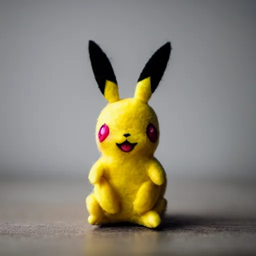 Prompt: a cute pikachu made out of felt sitting on a dresser in a bedroom macro photography