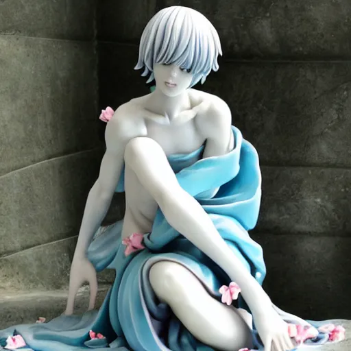 Image similar to renaissance marble statue of kawaii rei ayanami kneeling relaxed wearing flowing robes