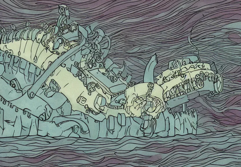 Image similar to a cell - shaded cartoon from howl'moving castle ( 2 0 0 4 ) showing a lovecraftian giant mechanized eel underwater. in the background is stonehenge on the bottom of the sea. very dull muted colors, hd, 4 k, hq