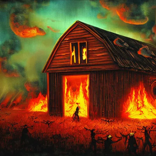 Image similar to burning barn with zombies 4k oil painting