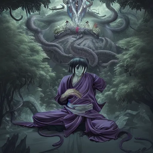 Prompt: kabuto the dragon sage meditates in a dark forest. surrounded by serpents of all sized, orochimaru madaraultra hyper detailed realistic matte painting artstation narutoverse stylized beautiful lighting moody gloomy