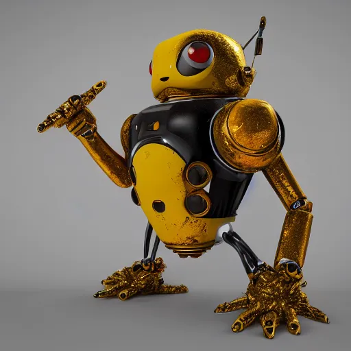 Prompt: a small chubby bot, smooth panelling, one large golden eye intricate detail, with damaged rusty arms, pokemon broken antenna, recycled, floating, white studio, ambient light, in the style of pokedstudios, belnder, octane render, 8 k,