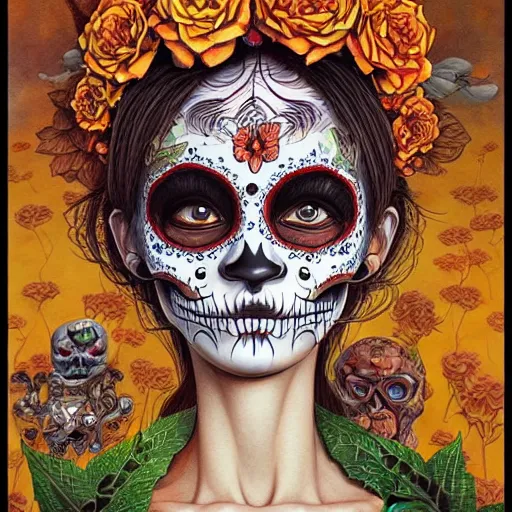 Image similar to beautiful portrait painted in jacek yerka and aykut aydogdu style drawn by sasha bom and takato yamamoto, inspired by dia de los muertos, intricate acrylic gouache painting, high detail, sharp high detail, artstation, manga and anime