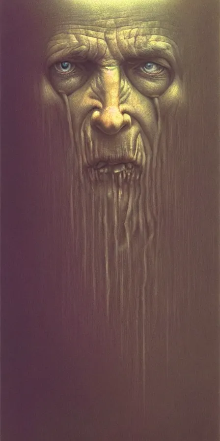 Image similar to potrait of a man filled with despair, by Zdzislaw Beksinski, gothic, amazing details, cold hue's, warm tone gradient background