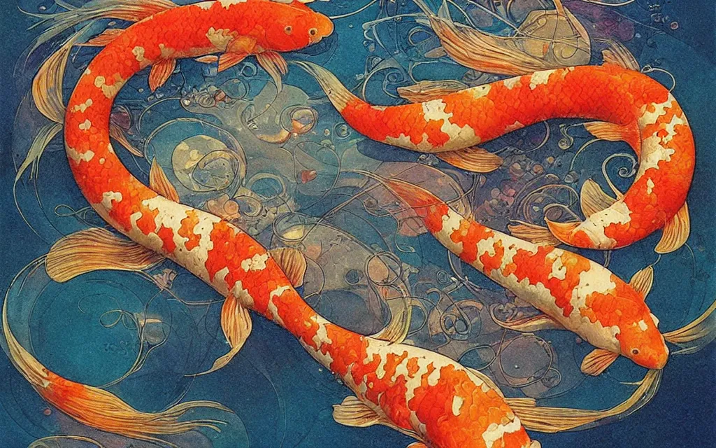 Prompt: koi. retro art by jean giraud. fibonacci. by brian froud, yoshitaka amano, kim keever, victo ngai