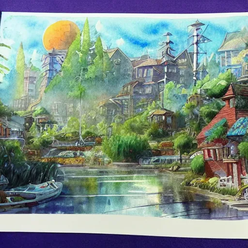 Prompt: Beautiful happy picturesque charming sci-fi town in harmony with nature. Beautiful light. Water and plants. Nice colour scheme, soft warm colour. Beautiful detailed artsy watercolor by Vincent. (2022)