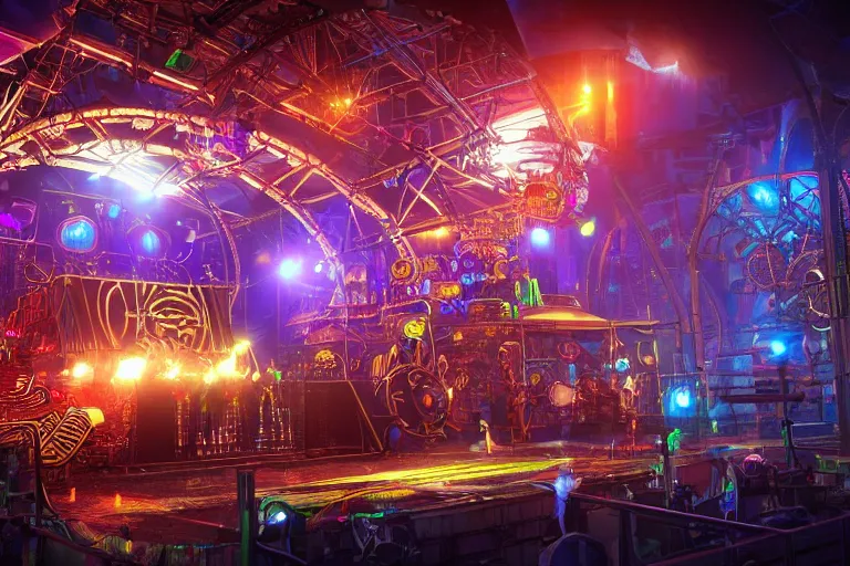 Prompt: a festival stage, bandname is tripmachine, center of the stage are two huge futuristic steampunk generators inside a huge steampunk engine, 8 k, fluorescent colors, halluzinogenic, multicolored, exaggerated detailed, unreal engine
