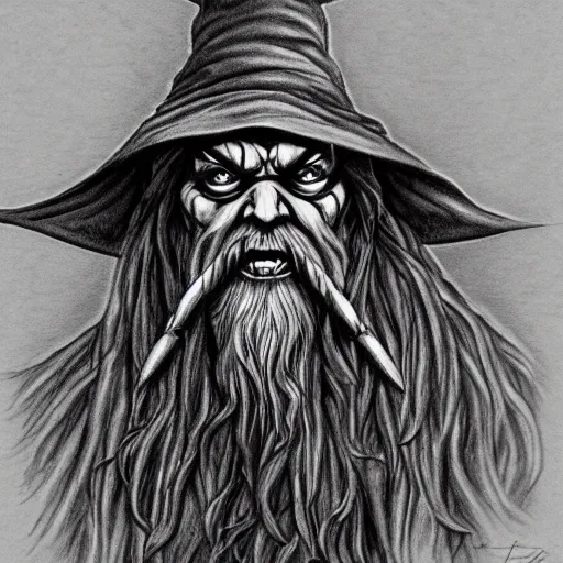 Prompt: zombie gandalf, gritty, veins, horror drawing, very detailed, intricate, trending on artstation