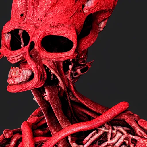 Image similar to octane render of a body horror humanoid, sharp dark shadows, black and red color palette by trevor henderson and junji ito