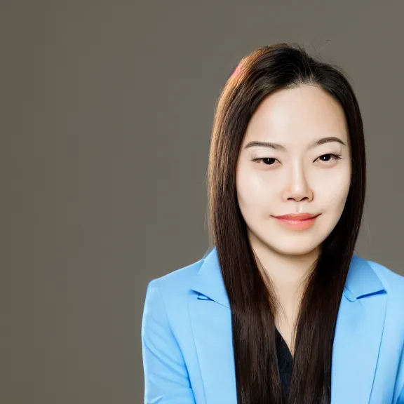 Prompt: portrait of 2 5 - year - old business woman oval face with angle 9 0 ° centred looking away breading fresh air, strong spirit and look between serious and happy, background soft blue