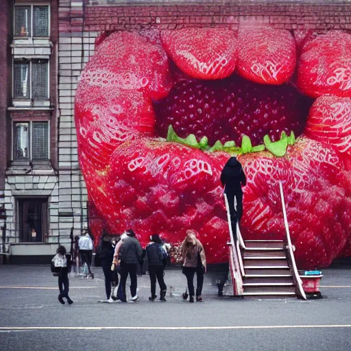 Prompt: super wide shot of giant strawberry monster on red square, 4 k, greg rutkowski, bokeh