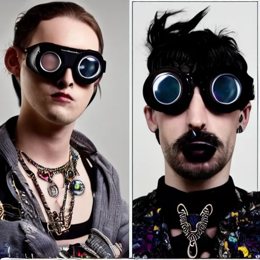 Prompt: a eccentric goth guy wearing goggles and eclectic jewelry, small details, aesthetic!!!,