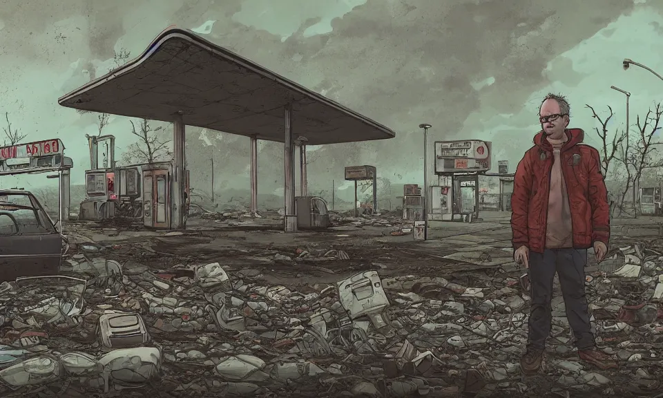 Prompt: todd solondz standing at an abandoned gas station, postapocalyptic, todd solondz, bright, storyboard, trending on artstation, simon stalenhag - n 4