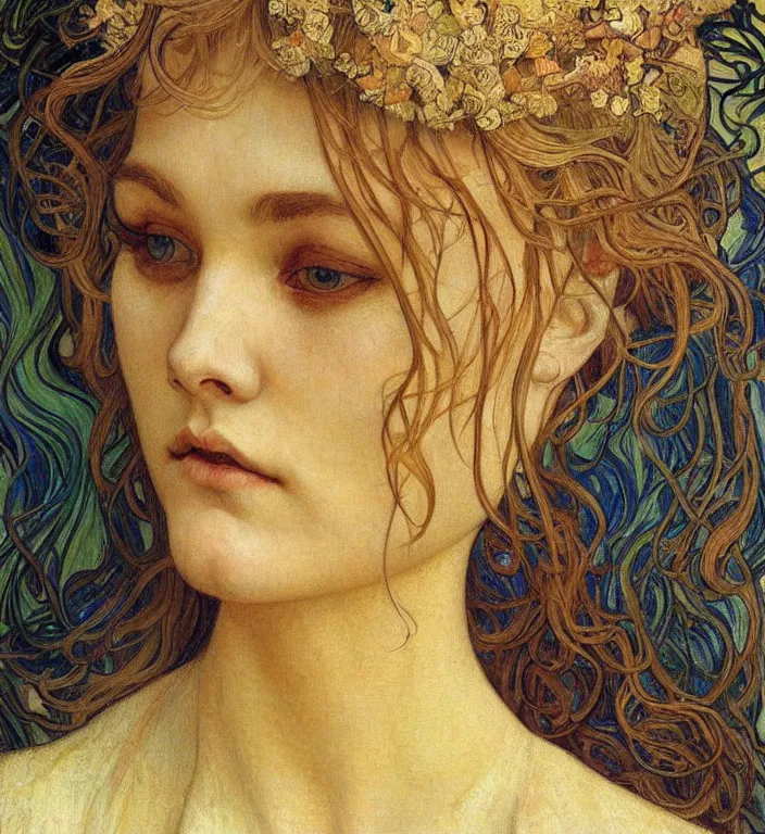 Image similar to detailed realistic beautiful young medieval queen face portrait by jean delville, alphonse mucha, vincent van gogh, and marco mazzoni, art nouveau, symbolist, visionary, gothic, pre - raphaelite