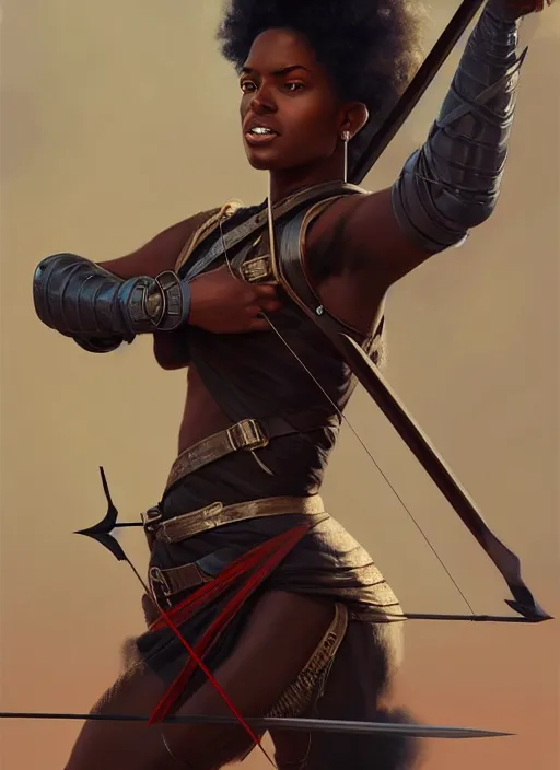 Prompt: full body portrait of beautiful black woman as a medieval archer, aiming her crossbow, cinematic and dramatic, highly detailed, digital painting, artstation, concept art, smooth, sharp focus, illustration, face by wlop, illustrated by mars ravelo and greg rutkowski