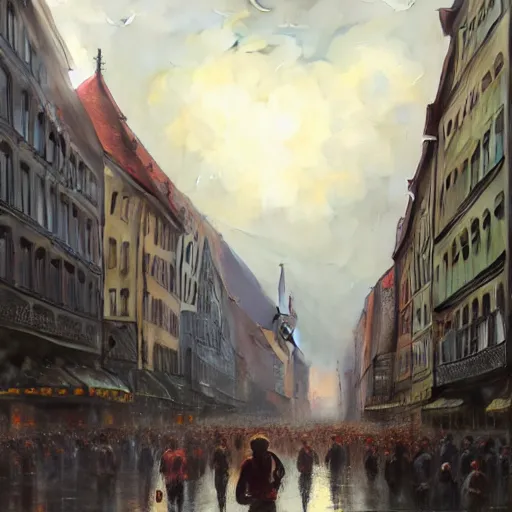 Prompt: , city of munich!!!, huge bright spot falling from the skies!!!, people running in panic!!, hyperrealistic, highly detailed, cinematic, daylight, beautiful, cgssociety, artstation, 8 k, oil painting by greg rutkowski, by artgerm, by wlop