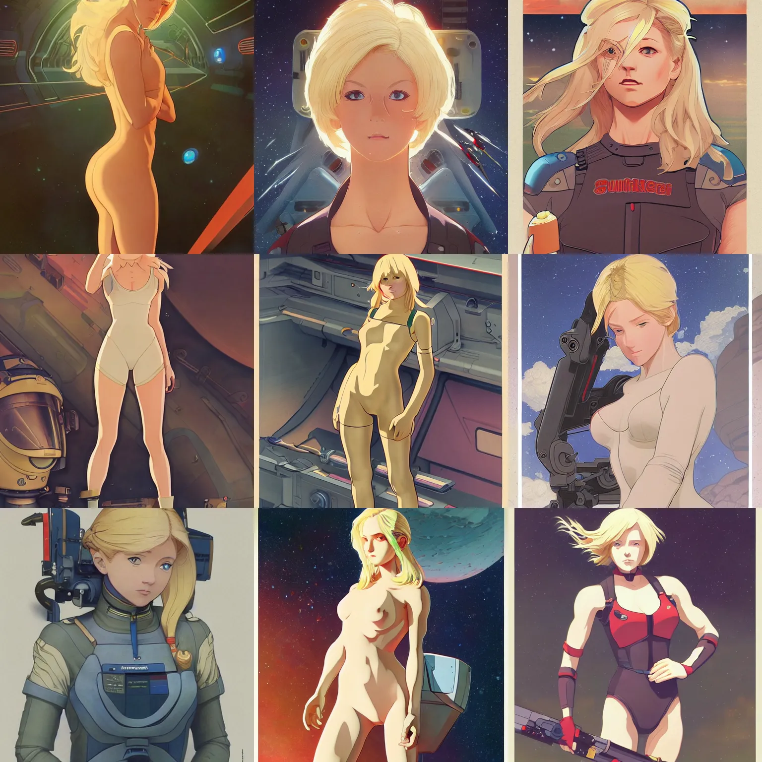 Prompt: spaceship mechanic at work, blonde, bodysuit, finely illustrated face, highly detailed, colored pencil, studio ghibli, tankobon, in the style of ilya kuvshinov and krenz cushart and william - adolphe bouguereau and alphonse mucha