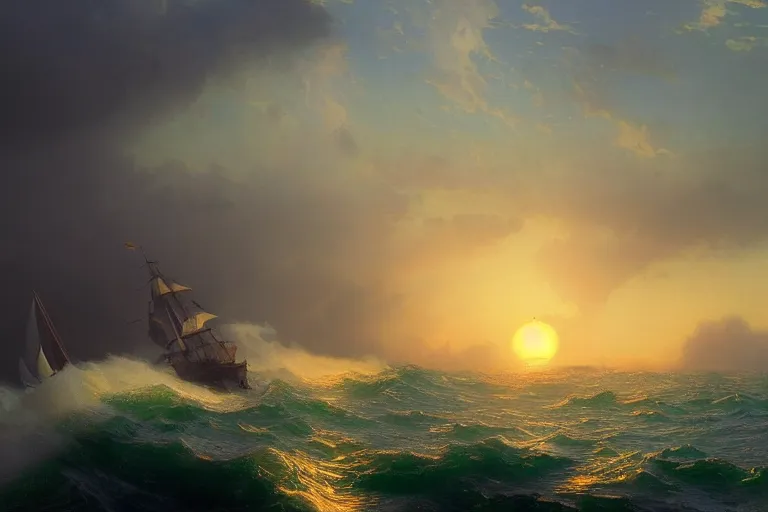 Image similar to a sunset and heavy sea in style of Aivazovskiy, hypermaximalistic, high details, cinematic, 8k resolution, beautiful detailed, insanely intricate details, artstation trending, octane render, unreal engine,