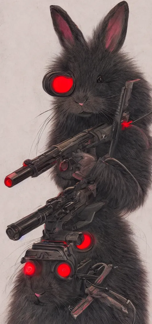 Image similar to portrait of neon fur rabbit with red eyes and a machine gun , 8k, highly detailed, sharp, realistic, in style of Brom