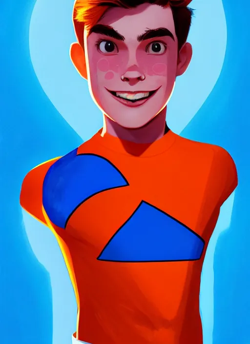 Image similar to friendly teenage archie andrews wearing an orange superhero costume with heart logo, heart, freckles, blue cape, heart emblem on chest, blue cape, intricate, elegant, glowing lights, highly detailed, digital painting, artstation, sharp focus, illustration, art by wlop, mars ravelo and greg rutkowski