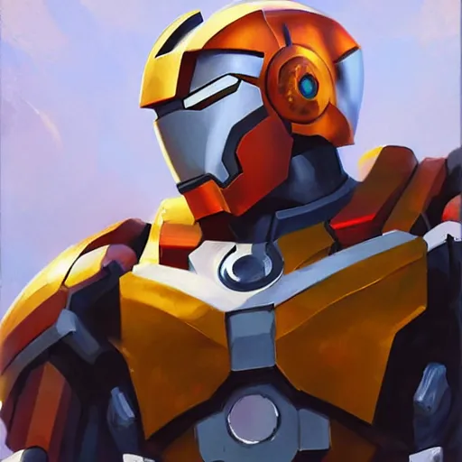 Image similar to greg manchess portrait painting of armed mega shonen gundam mecha ironman as overwatch character, medium shot, asymmetrical, profile picture, organic painting, sunny day, matte painting, bold shapes, hard edges, street art, trending on artstation, by huang guangjian and gil elvgren and sachin teng