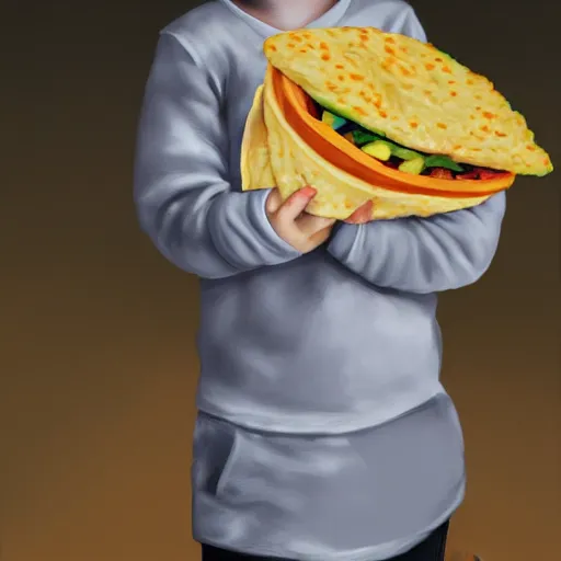 Image similar to dramatic portrait of chinese boy buzz cut, holding a taco, digital painting