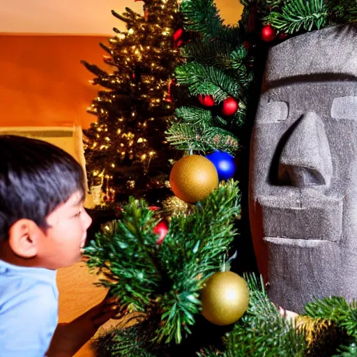 Image similar to a kid at christmas disappointed and sad that his present was a giant moai statue | inside of a house next to a christmas tree