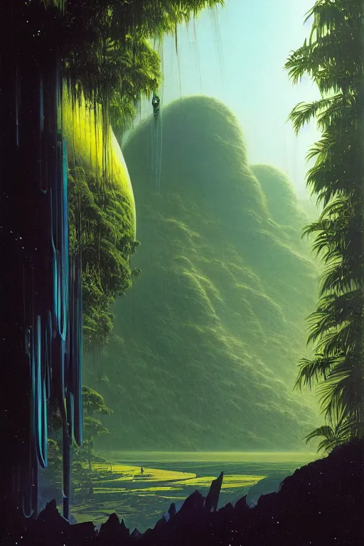 Image similar to emissary space by author haas and bruce pennington and john schoenherr, cinematic matte painting, zaha hadid building in a lush jungle, 8 k, dark color palate