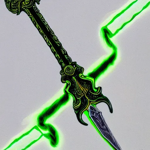 Image similar to Oil painting concept art of a magical acid sword glowing bright green, very intricate hilt, green color scheme, highly detailed concept art.