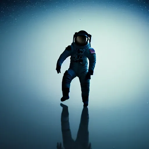 Image similar to photograph of an astronaut against the pitch black darkness of space, nothing behind, full body photo, amazing light and shadow contrast,, 8 k