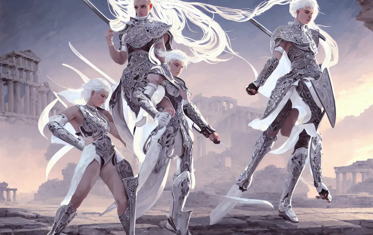 Image similar to dueling, kickboxing, battle stance, wielding sci - fi melee weapons in ruined agora of athens sunrise, white hair knights of zodiac girl matt white ice color armor, intricate and elegant, highly detailed, digital painting, artstation, concept art, illustration, art by tian zi and wlop and alphonse mucha