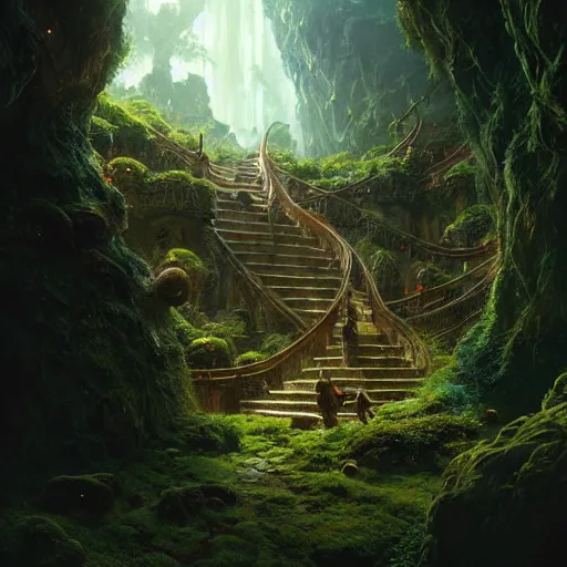 Image similar to worm's eye view of a elven headquarters carved inside a mountain above a lush garden, neat and tidy, magical, natural light, fantasy, sharp focus, concept art, by greg rutkowski and craig mullins, cozy atmospheric and cinematic lighting, trending on artstation