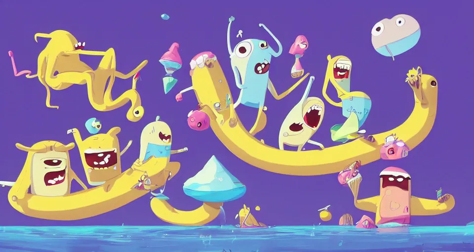 Image similar to cartoon bananas swimming in ice cream, in the style of adventure time, the amazing world of gumball, pixar, toki doki, greg rutkowski and makoto shinkai, trending on artstation