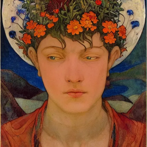 Image similar to the flower prince, by Annie Swynnerton!!!! and Nicholas Roerich! and (Edmund Dulac) and ((((Diego Rivera)))), tattoos, elaborate costume, geometric ornament, symbolist, rich colors, dramatic lighting, smooth, sharp focus, extremely detailed