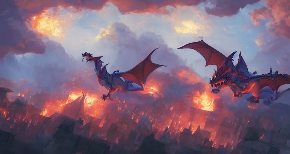 Prompt: book illustration of flying charizard dragon above the village. Burning houses dragon fire breath. Atmospheric beautiful by Eddie mendoza and Craig Mullins. volumetric lights