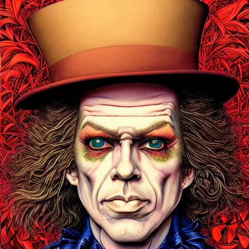 Image similar to portrait of the mad hatter, symmetrical, by yoichi hatakenaka, masamune shirow, josan gonzales and dan mumford, ayami kojima, takato yamamoto, barclay shaw, karol bak, yukito kishiro, beksinski