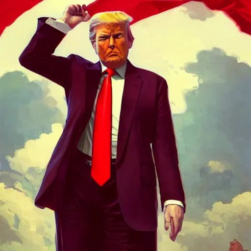 Image similar to donald trump as a communist, saluting, red suit, art by artgerm, greg rutkowski, alphonse mucha, studio portrait, highly detailed, digital art, elegant, intricate, concept art, trending on artstation