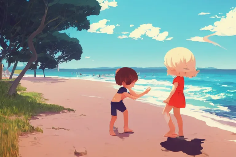 Prompt: a little boy and a little girl play at the sea beach. clean cel shaded vector art. shutterstock. behance hd by lois van baarle, artgerm, helen huang, by makoto shinkai and ilya kuvshinov, rossdraws, illustration, art by ilya kuvshinov