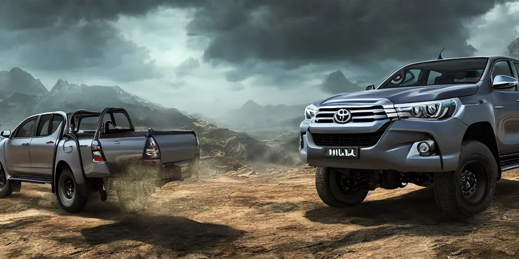 Image similar to toyota hilux, unreal 5, hyperrealistic, realistic, photorealistic, dynamic lighting, highly detailed, cinematic landscape, studio landscape, studio lighting