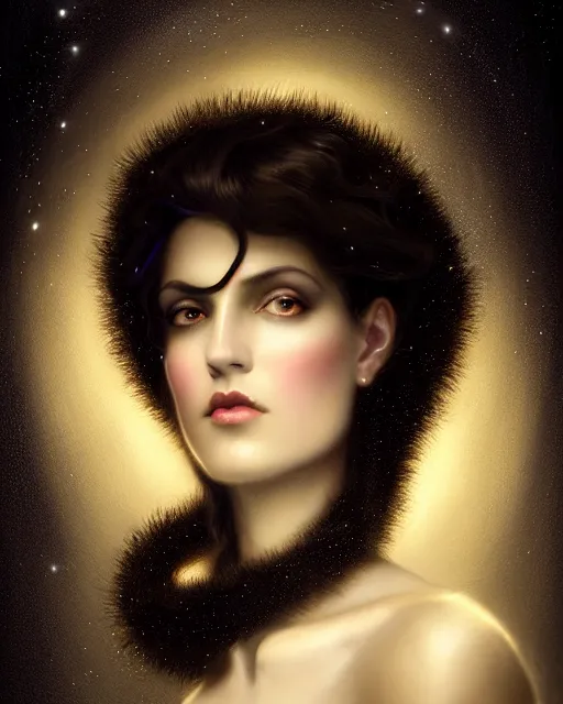 Image similar to Nocturne, glowing, stars, a portrait of a beautiful female shadow djinn creature with long fur collar, highly detailed, mysterious, ethereal, dressed in velvet and gold jewelry, haute couture, illustration, dramatic lighting, soft details, painting, by Edmund Blair Leighton, Brom, Charlie Bowater, trending on artstation, faces by Tom Bagshaw, otto schmidt